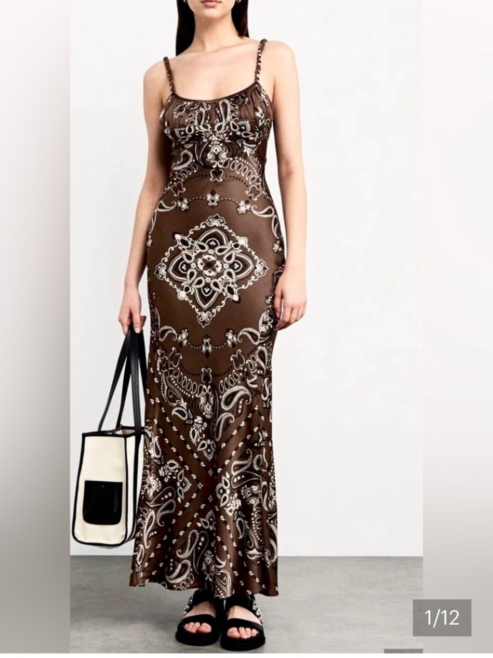 Camila Coelho Revolve Satin Paisley SpaghettiStraps Maxi dress brown white L - Picture 1 of 16